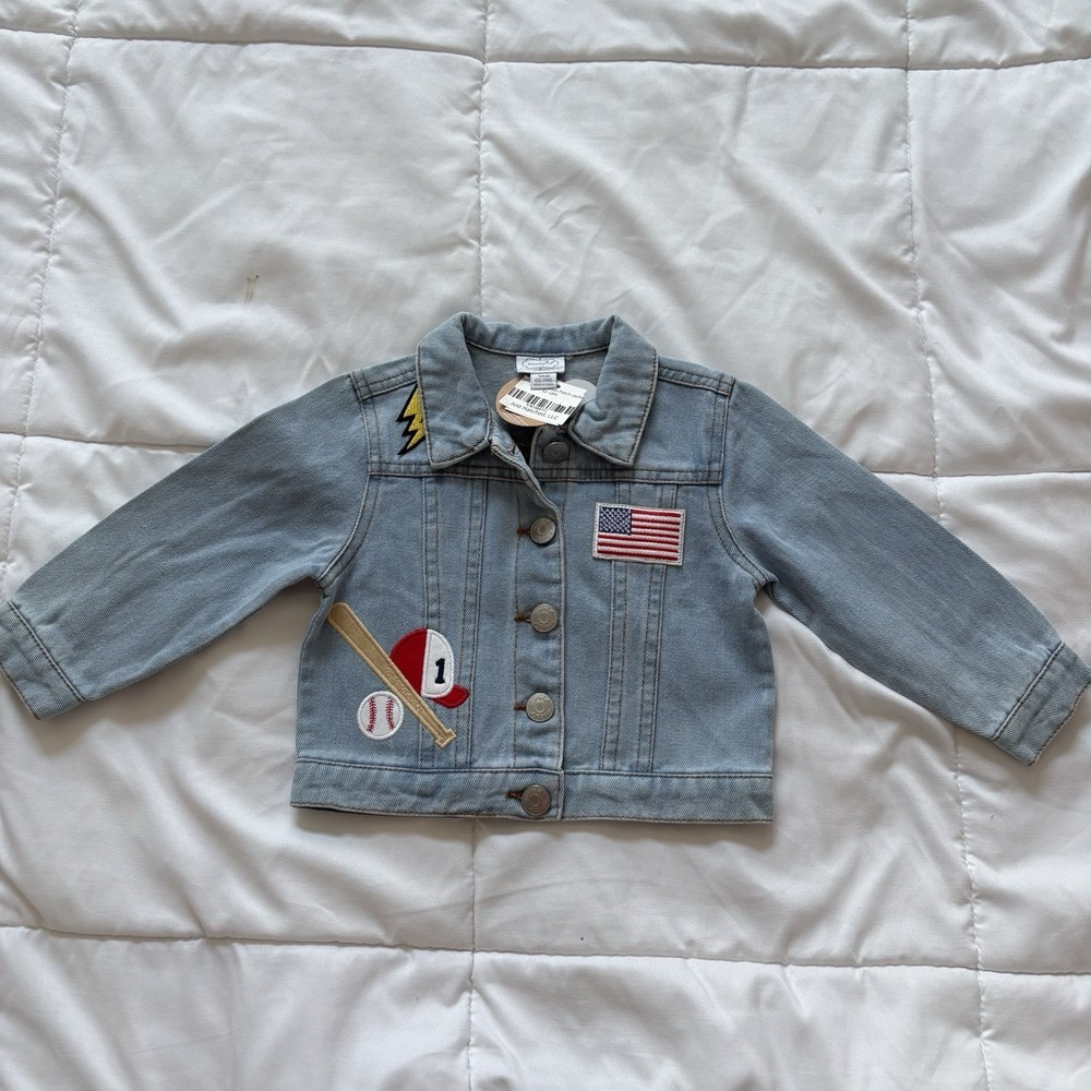 Mud Pie Kids Small 12-18M Childrens Boy Denim Patch Jacket Dino Dude Baseball